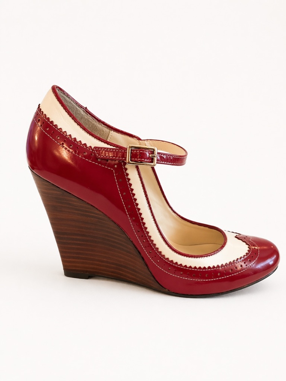 STEVE MADDEN Red & Cream Mary Jane Wedge Heels Leather Retro Style | Size 9